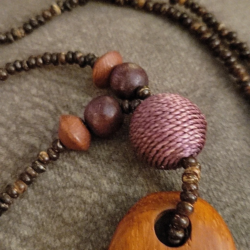 Vtg Long Wood Carved Ethnic Pendant Horn Beaded Lavalier Hippie Necklace